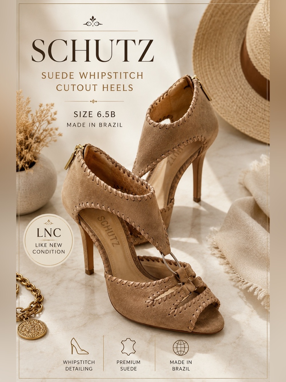 Schutz Suede Whipstitch Cutout Peep Toe Heels Size 6.5B